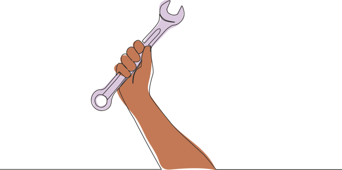 One single line drawing of man holding stainless steel wrench key. Mechanic and handyman tools concept. Continuous line draw vector design illustration png