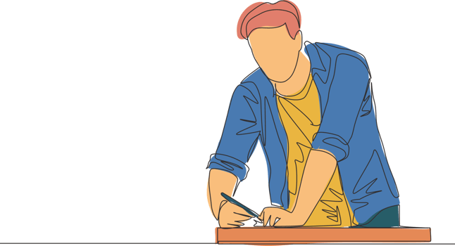One continuous line drawing of young handsome handyman measuring wooden board to cut. Building construction service concept single line draw design illustration png