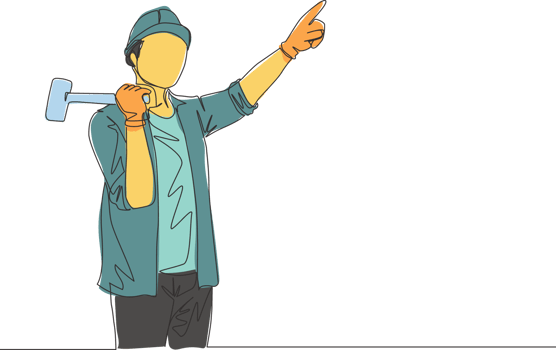 One single line drawing of young attractive handyman holding a hammer and pointing finger to the sky. Home renovation service concept continuous line draw design illustration png
