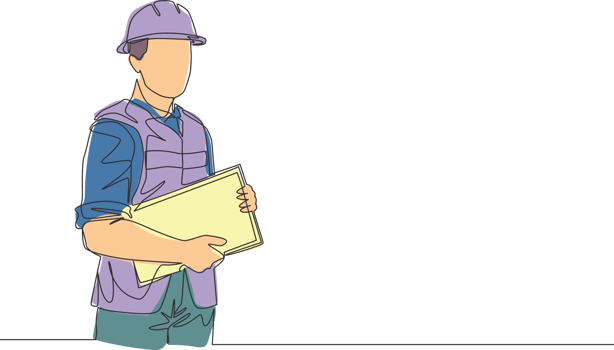 Single continuous line drawing of young attractive foreman controlling building development progress while holding clipboard. Building construction service concept one line draw design illustration png