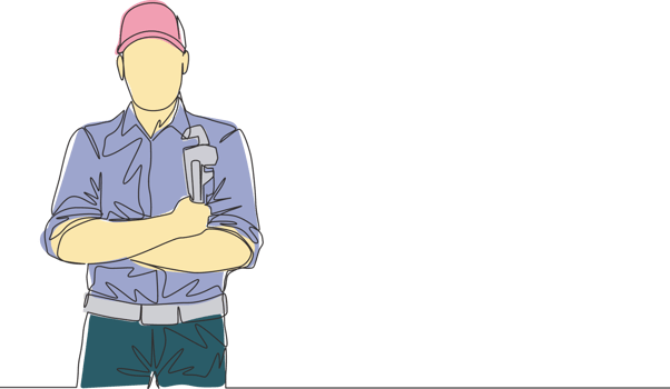 One single line drawing of young handsome plumber wearing uniform and holding a pipe wrench. House maintenance service concept continuous line draw design illustration png