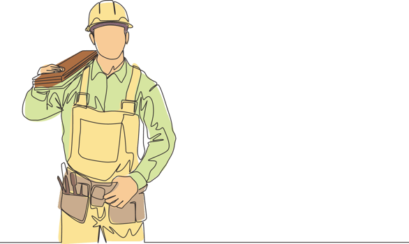 Single continuous line drawing of young handsome lumberjack on uniform carrying stack of wooden boards. Building construction service concept one line draw design illustration png