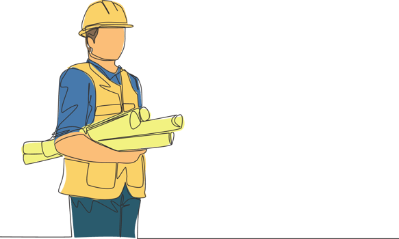Single continuous line drawing of young attractive architecture holding building sketch design blueprint roll paper. House maintenance service concept one line draw design illustration png