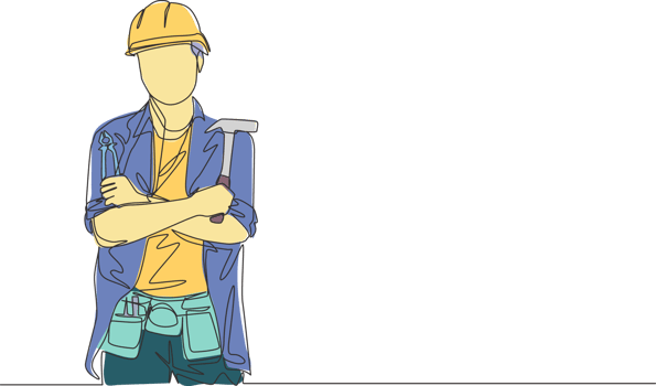 One continuous line drawing of young handsome craftsman holding hammer and pose crossing hands on chest. House maintenance service concept single line draw design illustration png