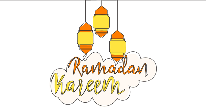One single line drawing of Happy Eid Al Fitr Mubarak and Ramadan Kareem concept. Islamic holiday calligraphic design for print, greeting card, banner, poster. Continuous line draw design illustration png