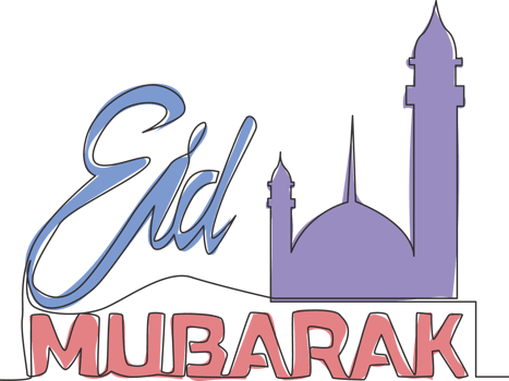 Single continuous line drawing of Happy Eid Al Fitr Mubarak and Ramadan Kareem concept. Islamic holiday calligraphic design for print, greeting card, banner, poster. One line draw design illustration png