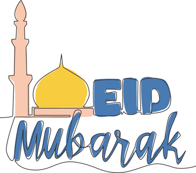 One continuous line drawing of Happy Eid Al Fitr Mubarak and Ramadan Kareem concept. Islamic holiday calligraphic design for print, greeting card, banner, poster. Single line draw design illustration png