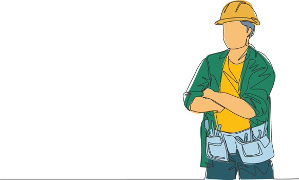 One continuous line drawing of young construction builder wearing uniform, tools belt and helmet while crossing his hands. Craftsman home repair service concept. Single line draw design illustration png