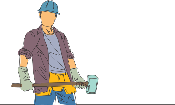 One single line drawing of young construction builder wearing uniform, tools belt and helmet while holding hammer. Craftsman home repair service concept. Continuous line draw design illustration png