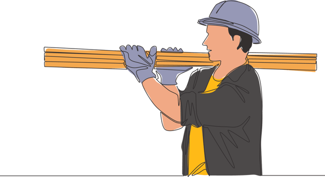 Single continuous line drawing of young lumberjack wearing helmet and glove while carrying pile of woods. Carpenter building maintenance service concept. One line draw design illustration png