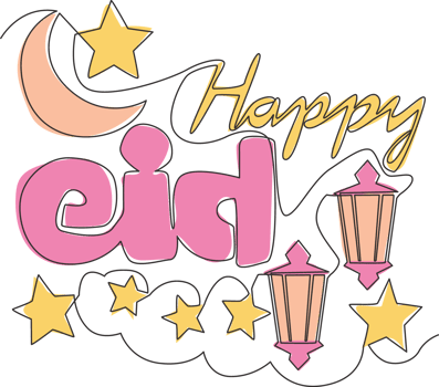 Single continuous line drawing of Happy Eid Al Fitr Mubarak and Ramadan Kareem concept. Islamic holiday calligraphic design for print, greeting card, banner, poster. One line draw design illustration png