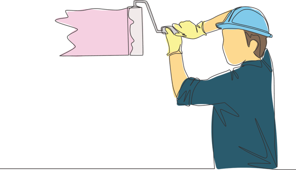 Single continuous line drawing of young handyman painting house wall with paint roller. Painter wall renovation service concept. One line draw design illustration png