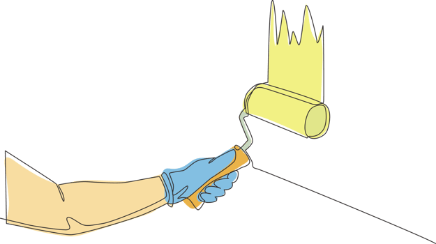 Single continuous line drawing of hand of handyman painting house wall with paint roller. Painter wall renovation service concept. One line draw design illustration png