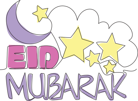 One continuous line drawing of Happy Eid Al Fitr Mubarak and Ramadan Kareem concept. Islamic holiday calligraphic design for print, greeting card, banner, poster. Single line draw design illustration png