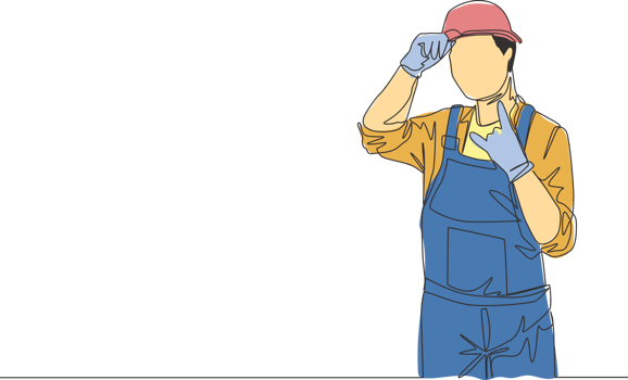 Single continuous line drawing of young craftsman wearing workman uniform and helmet. Repairman construction maintenance service concept. One line draw design illustration png