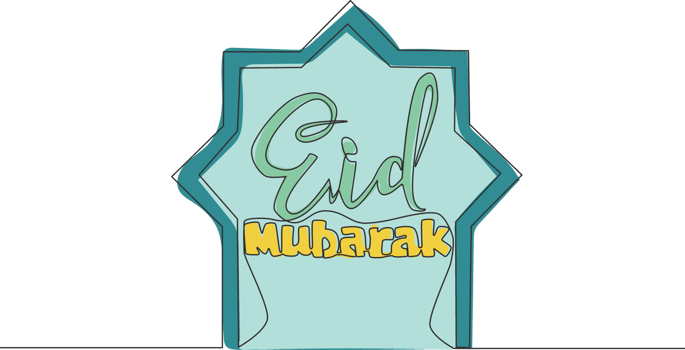 Single continuous line drawing of Happy Eid Al Fitr Mubarak and Ramadan Kareem concept. Islamic holiday calligraphic design for print, greeting card, banner, poster. One line draw design illustration png