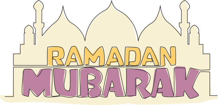 One continuous line drawing of Happy Eid Al Fitr Mubarak and Ramadan Kareem concept. Islamic holiday calligraphic design for print, greeting card, banner, poster. Single line draw design illustration png