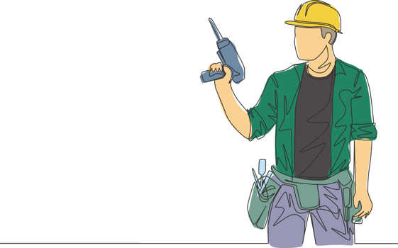 One single line drawing of young handyman wearing uniform while holding drill machine. Repairman construction maintenance service concept. Continuous line draw design illustration png