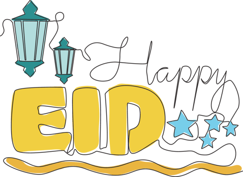 Single continuous line drawing of Happy Eid Al Fitr Mubarak and Ramadan Kareem concept. Islamic holiday calligraphic design for print, greeting card, banner, poster. One line draw design illustration png
