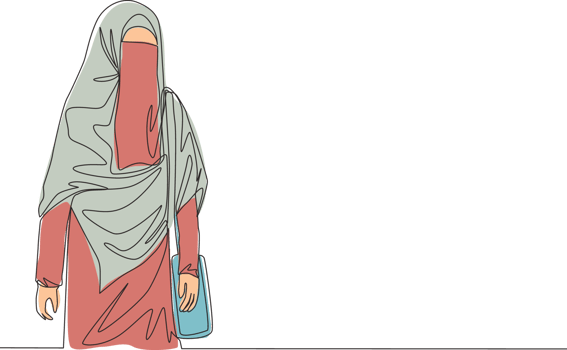 One single line drawing of young attractive Asian muslimah wearing burqa while carrying pocket bag. Traditional beauty Arabian woman niqab cloth concept continuous line draw design vector illustration png