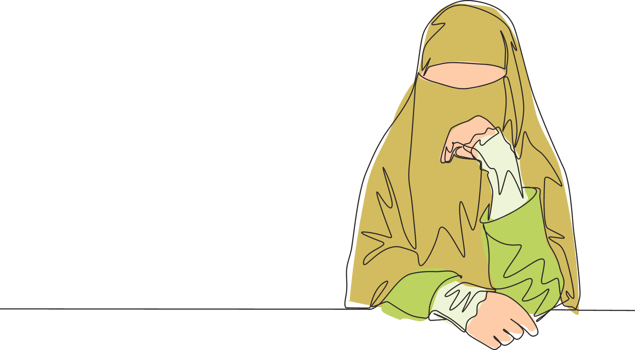 One single line drawing of young happy beauty saudi arabian muslimah wearing burqa and sitting on chair. Traditional Arabian woman niqab cloth concept continuous line draw design vector illustration png