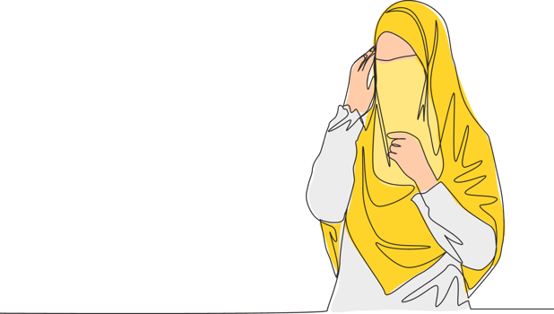 One continuous line drawing of young happy cute saudi arabian muslimah wearing burqa with veil hijab. Traditional Islamic beauty woman niqab dress concept single line draw design vector illustration png
