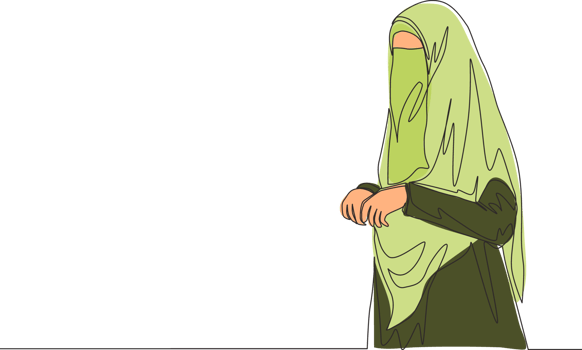 One single line drawing of young beautiful pretty middle east muslimah wearing burqa with veil. Traditional beauty Arabian woman niqab cloth concept continuous line draw design vector illustration png