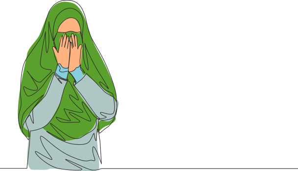 Single continuous line drawing of young cute saudi arabian muslimah wearing burqa and covering face with hands. Traditional muslim woman niqab hijab concept one line draw design vector illustration png