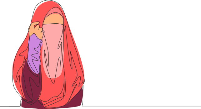One single line drawing of young happy attractive Asian muslimah wearing burqa and pose nicely. Traditional beautiful Arabian woman niqab cloth concept continuous line draw design vector illustration png