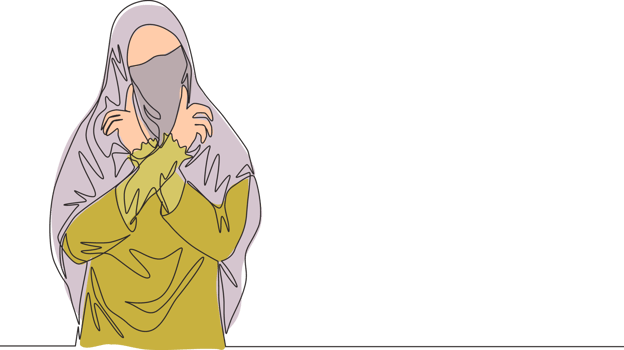 Single continuous line drawing of young beauty cute middle east muslimah wearing burqa with veil. Traditional beautiful muslim woman niqab with hijab concept one line draw design vector illustration png