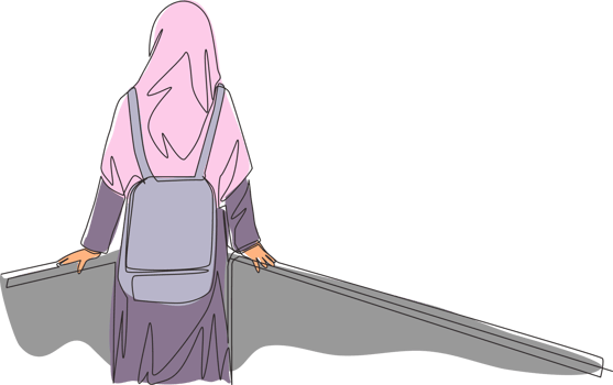One single line drawing of young beauty middle east muslimah wearing burqa and carrying bag, back view. Traditional Arabian woman niqab cloth concept continuous line draw design vector illustration png