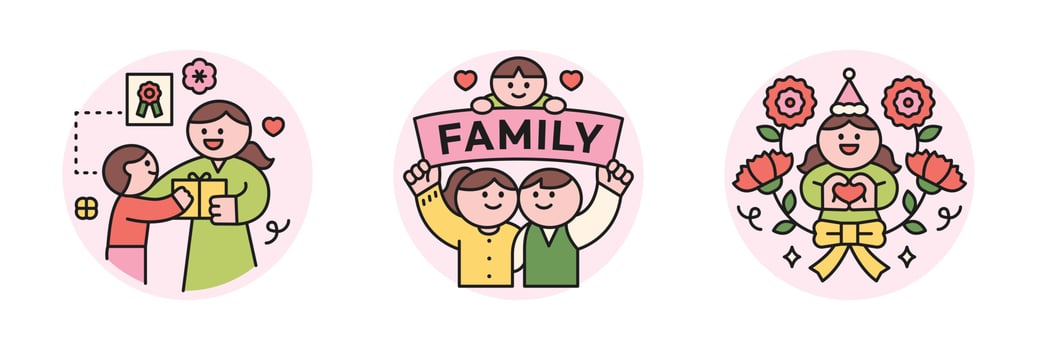family month. People who appreciate their parents and love their children. Child giving gift to mom, parents holding family placard, carnation and congratulation icon. vector