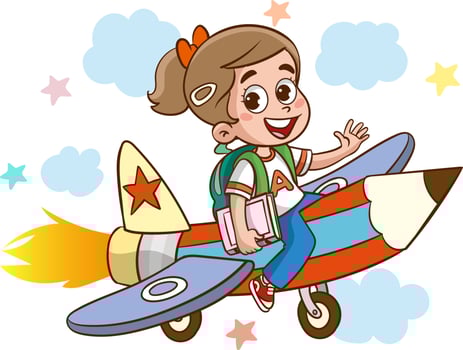 fun educational images with educational materials.Funny Kid Flying On Colorful Pencil cartoon vector
