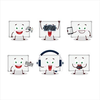 Whiteboard cartoon character are playing games with various cute emoticons vector
