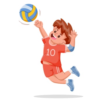 Happy cute kid boy playing volleyball on a white background. Vector Illustration