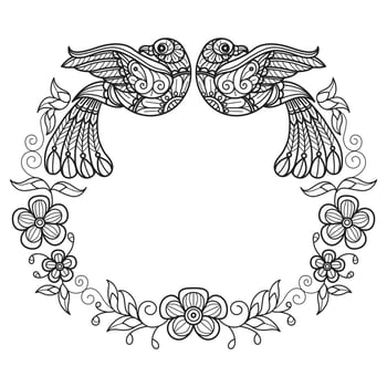 Bird and flower wreath hand drawn for adult coloring book vector