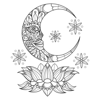 The moon and lotus hand drawn for adult coloring book vector
