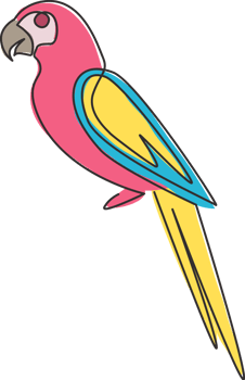 One continuous line drawing of cute parrot bird with long tail for logo identity. Aves animal mascot concept for national conservation park icon. Single line draw design vector graphic illustration png