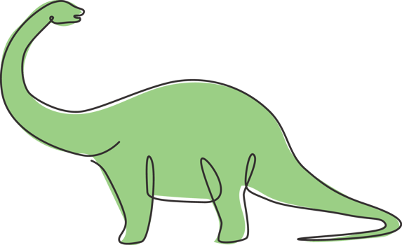 One continuous line drawing of giant brontosaurus prehistory animal with long neck for logo identity. Dinosaurs mascot concept for prehistoric museum icon. Single line draw design vector illustration png
