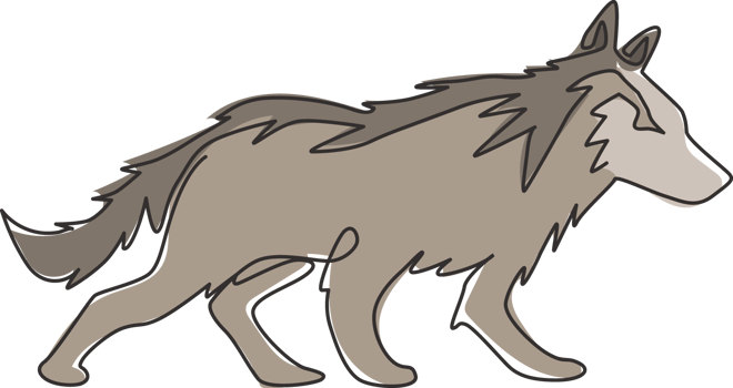 Single continuous line drawing of mysterious wolf for e-sport team logo identity. Strong wolves mascot concept for national park icon. Trendy one line draw design vector graphic illustration png