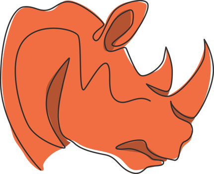 One single line drawing of strong rhinoceros head for conservation national park logo identity. African rhino animal mascot concept for national zoo safari. Continuous line draw design illustration png