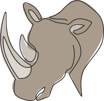 One continuous line drawing of strong white rhinoceros head for company logo identity. African rhino animal mascot concept for national zoo safari. Single line draw design illustration graphic vector png