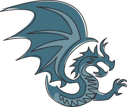 One continuous line drawing of mythological creature dragon for company logo identity. Fantasy flying dinosaurs animal mascot concept for decorative tribal. Single line draw design vector illustration png