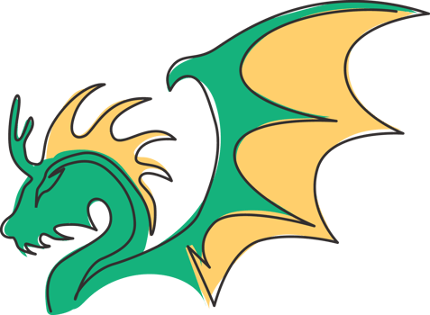 One single line drawing of scary beast dragon for china ancient museum logo identity. Legend fairy tale animal mascot concept for ancient chinese organization. Continuous line draw design illustration png