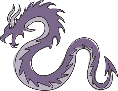 Single continuous line drawing of fictional monsters dragon for chinese traditional logo identity. Magical legend creature mascot concept for martial art association. One line draw design illustration png