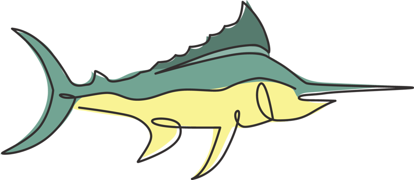 One continuous line drawing of big wild marlin for marine company logo identity. Swimming fish mascot concept for fishing competition icon. Single line draw design vector illustration graphic png