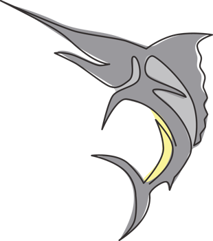 One single line drawing of giant marlin for fresh meat company logo identity. Jumping swordfish mascot concept for seafood can icon. Continuous line draw graphic design vector illustration png