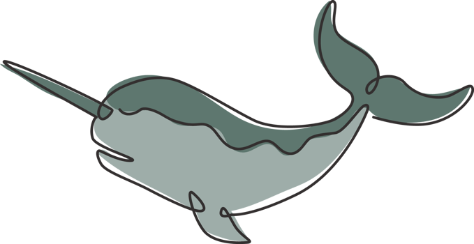One continuous line drawing of cute narwhal with tusk for marine company logo identity. Unique narwhale mascot concept for fairy creature icon. Single line draw design graphic vector illustration png