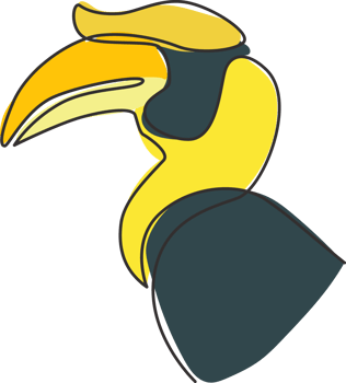 Single continuous line drawing of beauty great hornbill head for company logo identity. Big beak bird mascot concept for national zoo icon. Modern one line draw design vector graphic illustration png