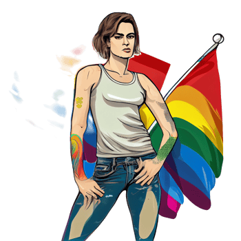 Woman activist for lgbtq rights with rainbow flag, cartoon, transgenders, homosexual, queers diverse people of gay and lesbian community, png